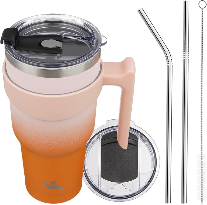 Konokyo 40 oz Tumbler with Handle and 2 Straw 2 Lid, Insulated Water Bottle Stainless Steel Vacuum Cup Reusable Travel Mug,Coral