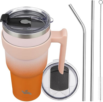 Konokyo 40 oz Tumbler with Handle and 2 Straw 2 Lid, Insulated Water Bottle Stainless Steel Vacuum Cup Reusable Travel Mug,Coral