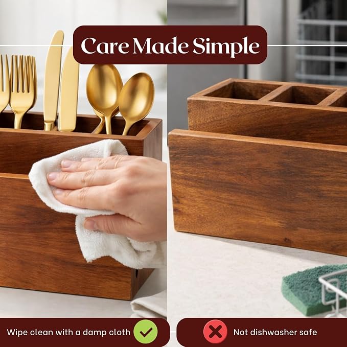nestroots Silverware, Napkins & Spoon Holder, Acacia Wooden Utensil Caddy, Organizer Countertop, Cutlery Holder for Party, Fork, Knife Organizer (Brown 01)