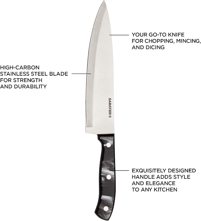 Sabatier Triple Riveted Chef Knife, 8-Inch, High-Carbon Stainless Steel, Razor-Sharp Kitchen Knife to Cut Fruit, Vegetables and more, Black