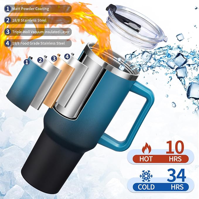 BENZZO Water Bottle, 40 oz Tumbler with Lid and Straw - Leakproof Travel Mug Thermal Cup 40oz, Insulated Tumblers Stainless Steel for Hot and Cold for 34H, Gifts for Women Man Mother Father Birthday