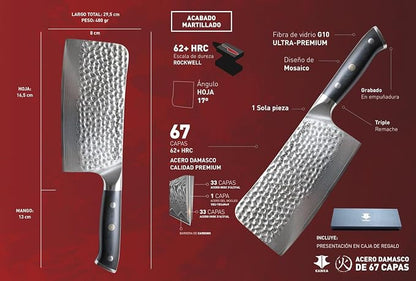 KANKA Grill 7" Damascus Steel Meat Cleaver Knife - Heavy Duty Butcher, Chopper, Razor Sharp, 67 Layers, G10 Black Fiberglass Handle, High Carbon Blade for Meat, Vegetables & Bone Cutting