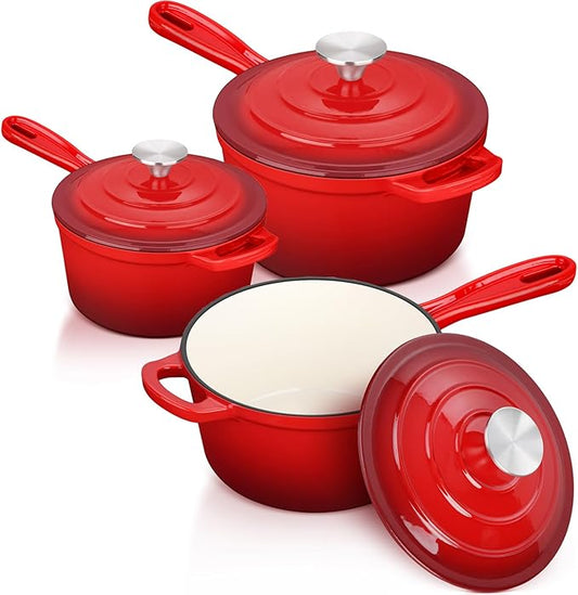 Leonyo 1Qt & 2Qt & 3Qt Enamel Cast Iron Saucepan Set, Enameled Sauce Pan with Lid, Cast Iron Dutch Oven Kitchen Pot Cookware for All Cooktops Cooking Pasta, Milk, Red