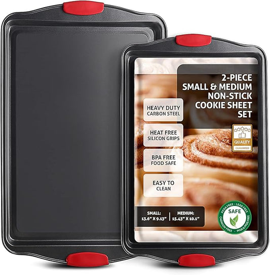 Baking Sheet, 2PC Cookie Sheet Set with Silicone Handles, Nonstick Steel Baking Pan, Baking Sheets for Oven, BPA Free Baking Pans Set, Cookie Sheets– Black Bakeware, Small & Medium
