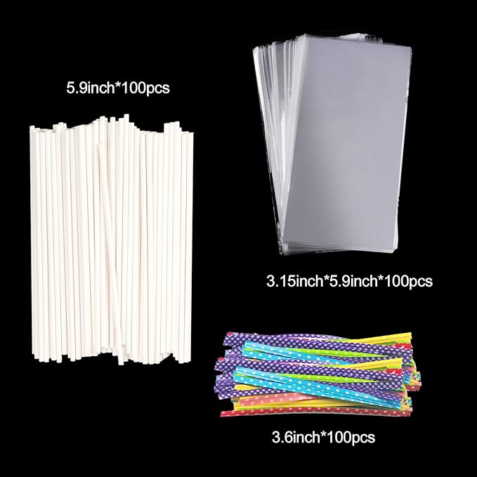 Lollipop Cake Pop Treat Bag Set Including 100pcs Parcel Bags, Papery Treat Sticks, Colorful Metallic Twist Ties for Making Lollipops, Cake Pops, Candies, Chocolates and Cookies