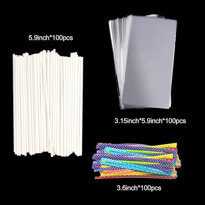 Lollipop Cake Pop Treat Bag Set Including 100pcs Parcel Bags, Papery Treat Sticks, Colorful Metallic Twist Ties for Making Lollipops, Cake Pops, Candies, Chocolates and Cookies