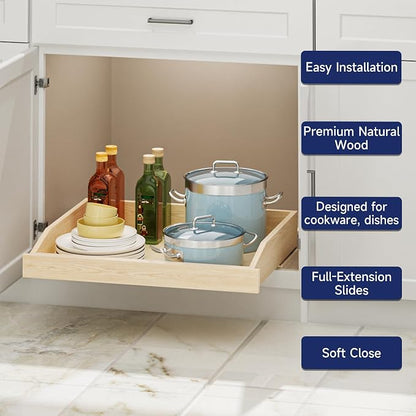 Pull Out Cabinet Organizer 25.5" W x 21" D, Soft Close Slide Out Wood Drawer Shelf for Kitchen Cabinets, Pull Out Cabinet Drawer for Base Cabinet, Pantry and Bathroom Storage, Bottom Mount