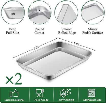 P&P CHEF 9 Inch Toaster Oven Pan with Rack Set, Stainless Steel Baking Pan Tray and Grid Cooling Rack for Cooking/Roasting, Dishwasher Safe & Easy to Clean, Non-toxic & Sturdy, (4Pcs)
