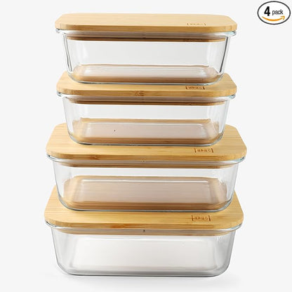 DE Glass Food Storage Containers with Bamboo Lids, (4, Pack 2 x 35oz & 2 x 51oz) Pack Meal Prep Glass Containers Safe for Microwave, Oven, Freezer and Dishwasher, BPA Free