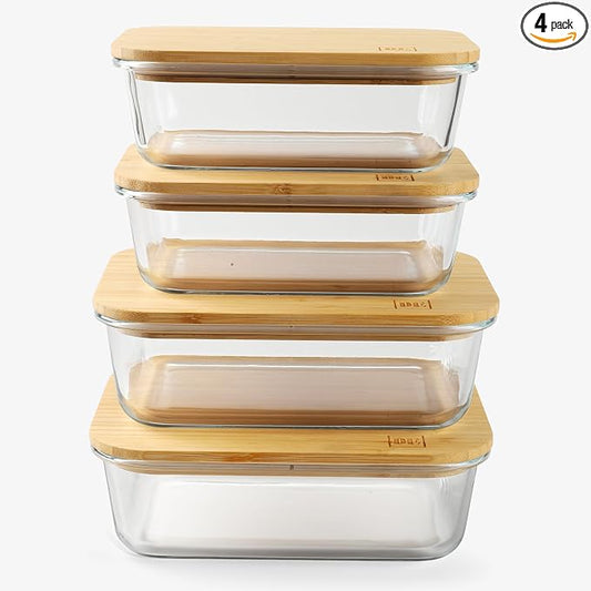 DE Glass Food Storage Containers with Bamboo Lids, (4, Pack 2 x 35oz & 2 x 51oz) Pack Meal Prep Glass Containers Safe for Microwave, Oven, Freezer and Dishwasher, BPA Free