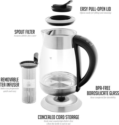 OVENTE Electric Glass Kettle Water Boiler 1.8 Liter BPA Free - 1500W w/Stainless Steel Infuser, Set Temperature Control, Auto Shut Off, Portable Fast Instant Heater for Coffee & Tea - KG661S