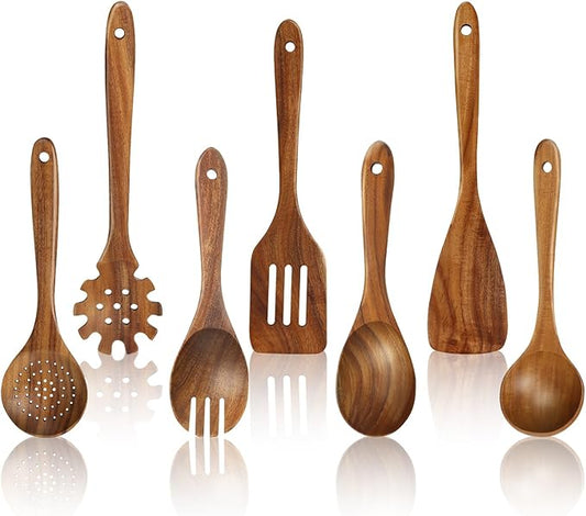 comfoyar Wooden Kitchen Cooking Utenails Set, 7 Pieces Natural Teak Wooden Spoons for Cooking with Spatula and Ladle, Heat Resistant Kitchen Cookware for Nonstick Pan