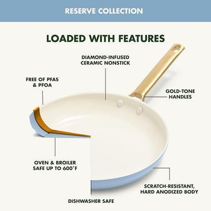 GreenPan Hard Anodized Healthy Ceramic Nonstick 8" 10" & 12" 3 Piece Frying Pan Skillet Set, Gold Handle, PFAS-Free, Dishwasher Safe, Oven Safe, Sky Blue