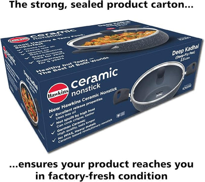 HAWKINS Ceramic Nonstick 2.5 Litre Deep Kadhai, Induction Deep Fry Pan with Glass Lid, Granite Kadai (ICK25G)