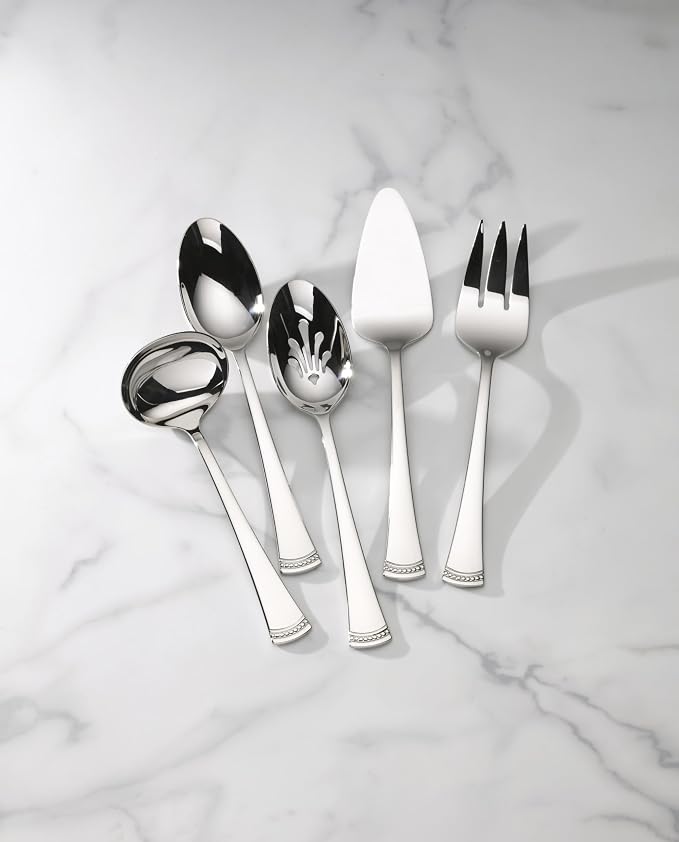 Lenox Silverware Serving Utensils Sets, Portola 5-Piece Hostess Set, Flatware Set, 18/10 Stainless Steel, Serving Spoons Fork Ladel & Pie Server, Mirror Finish Dishwasher Safe (Silver 5 Piece)