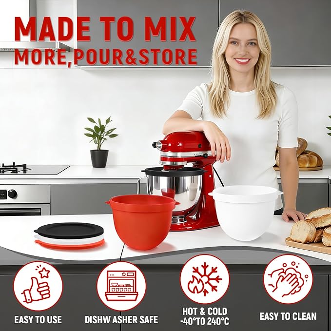 KITOART Silicone Liners for KitchenAid 5 Qt Tilt-Head Stand Mixers, Mixer Attachments & Accessories, Replacement Mixer Bowls - 3 Liners and 3 Lids Included (Not for Bowl-Lift Models)