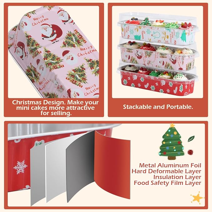 50Pack Mixcolor Christmas Mini Cake Pans with Lids and Spoons Mini Loaf Pans with Lids, 6.8Oz Aluminum Foil Pans Tins, Individual Dessert Cups Containers for Sales,Party,Picnics