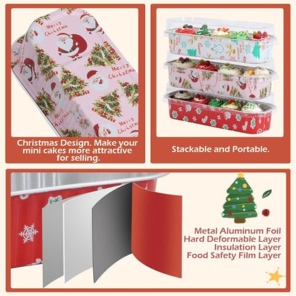50Pack Mixcolor Christmas Mini Cake Pans with Lids and Spoons Mini Loaf Pans with Lids, 6.8Oz Aluminum Foil Pans Tins, Individual Dessert Cups Containers for Sales,Party,Picnics