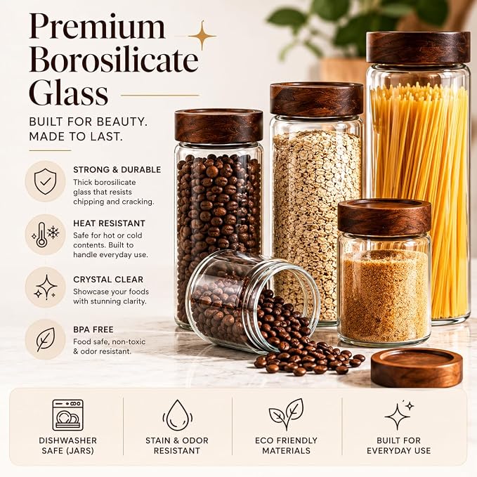 Sixhaven Wide Mouth Glass Storage Jars With 2.5" Acacia Wood Lids - Starter Pantry Set - 8 Jars - 4 Sizes - Food Storage Containers - Pantry Organizers and Storage (8, Transparent, Starter Pantry Set)