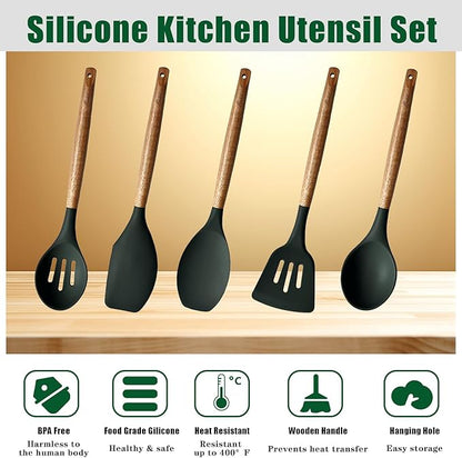 Non-Stick Silicone Cooking Utensils Set with Natural Acacia Hard Wood Handle, 5 Piece, High Heat Resistant (Green)