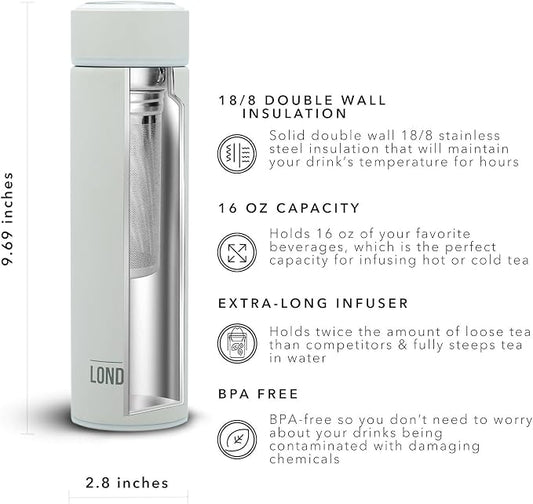 The London Sip 16.9 oz Multi-Purpose Tea Infuser Mug – Fruit Infuser Water Bottle for Hot and Cold – Double Wall Stainless Steel Insulated, Pearl White