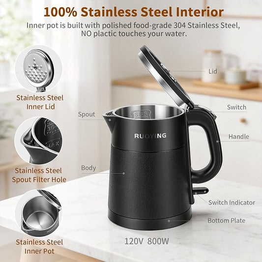 0.8L Small Electric Kettle, Travel Portable Double Wall Stainless Steel Water Boiler, 304 Food Grade Seamless Inner Tank, 120V/1000W Fast Boiling, Auto Shut-Off & Boil Dry Protection(Black)