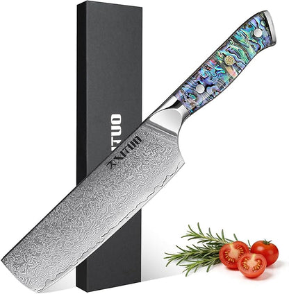 XITUO 7-Inch Nakiri Knife, Japanese VG-10 Damascus Steel (67 Layers), Razor Sharp Asian Vegetable & Meat Chopper, Ergonomic Abalone Shell Handle, Chef Knife with Gift Box