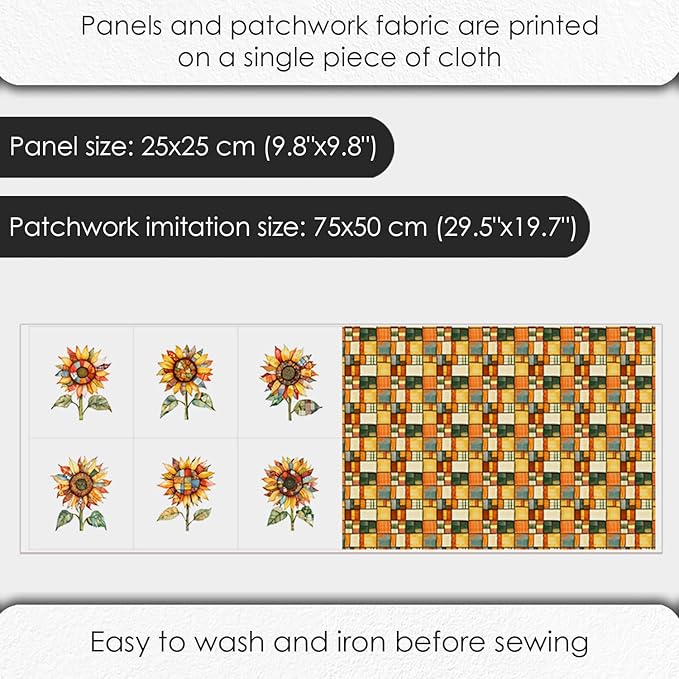 Patchwork Sunflower Cotton Fabric Panel – Six 10×10 inch Designs + Bonus 29.5×19.6 inch Patchwork Sheet, 100% Turkish Cotton 140 GSM