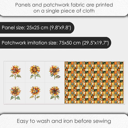 Patchwork Sunflower Cotton Fabric Panel – Six 10×10 inch Designs + Bonus 29.5×19.6 inch Patchwork Sheet, 100% Turkish Cotton 140 GSM