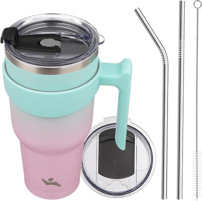 Konokyo 40 oz Tumbler with Handle and 2 Straw 2 Lid, Insulated Water Bottle Stainless Steel Vacuum Cup Reusable Travel Mug,Gum