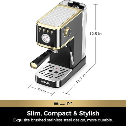 CHULUX Slim Espresso Machine with Milk Frother, 20 Bar Professional Italian Pump Espresso Coffee Machine for Home Cappuccino & Latte Maker, Stainless Steel, Black and Gold