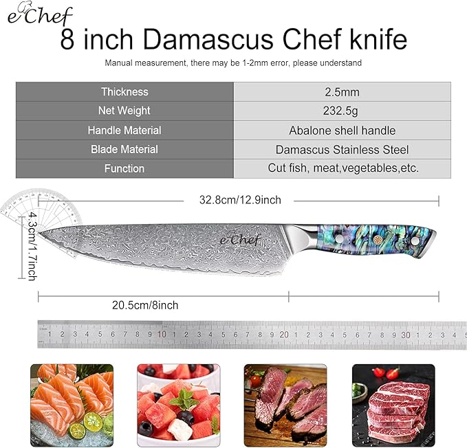 8-Inch Damascus Chef Knife, VG10 Steel Core Sharp Kitchen Knife, 67-Layer Damascus Material, Deep Sea Abalone Shell Handle, Kitchen Must-Have, Gift Box(8-inch chef's knife)