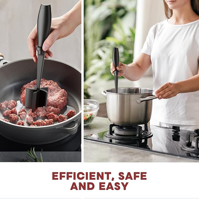 Two cooking scenarios with kitchen tools and text 'Efficient, Safe and Easy'.