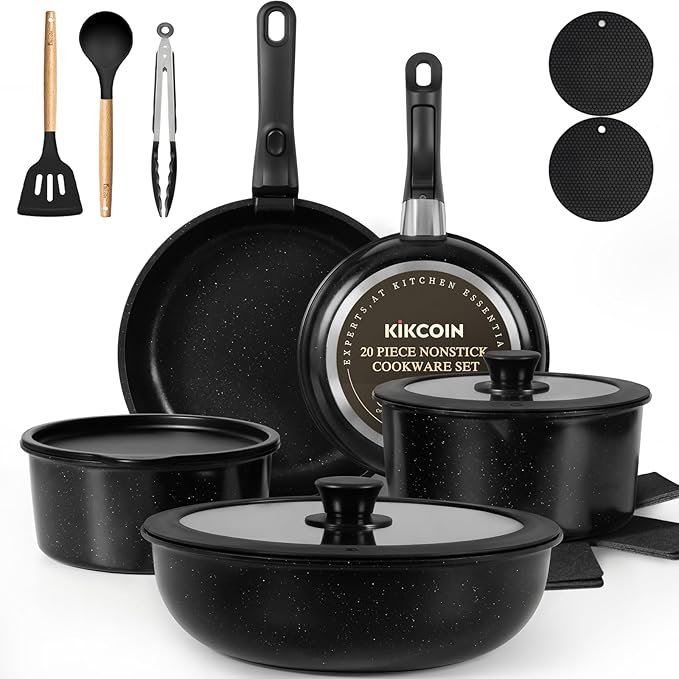 Nonstick Pots and Pans Set - 20 Pack KIKCOIN Stackable Cookware Set with Detachable Handle, RV Kitchen Cooking Set with Removable Handles - Oven Safe, Induction Ready (Black)