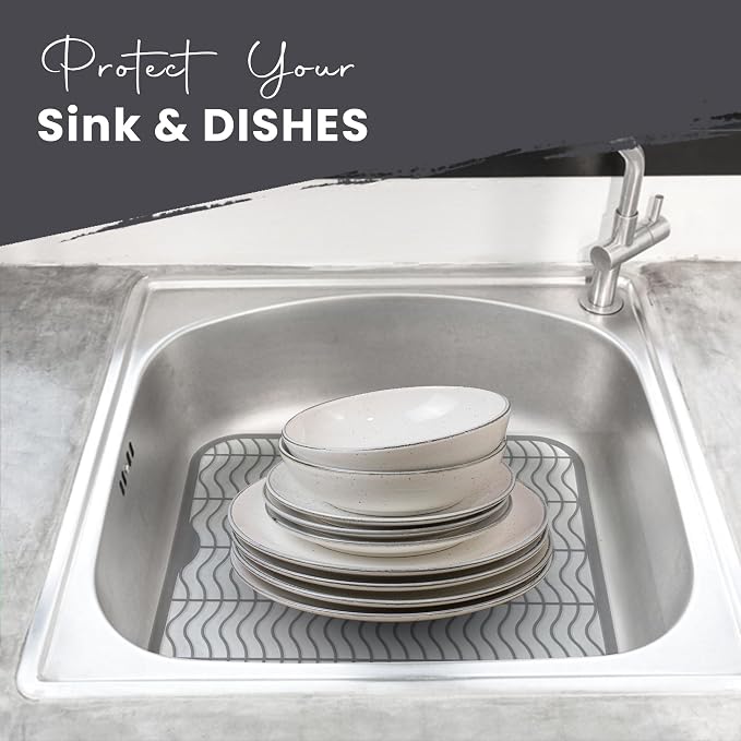 DecorRack Gray Sink Protectors for Kitchen, Plastic 12" x 11" Dish Rack, Protect Sink from Stains, Damage, Scratches, Dishwasher Safe Grid Mat for Kitchen (Gray)