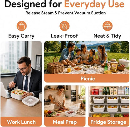 3 Pack Food Storage Containers with Easy-Open Vent Lids, Leak Resistant BPA-Free Meal Prep Containers, Microwave Freezer Dishwasher Safe, Stackable Food Containers,White, 17oz 34oz 51oz