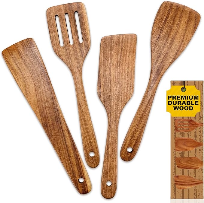Wooden Spatula for Cooking Utensils Set Acacia Wood Spatulas for Kitchen Use Non Toxic Serving Utensil Slotted Turner Wood Scraper Flat Baking Cooking Spatula Non Stick Spurtle Wok Kitchen Utensils