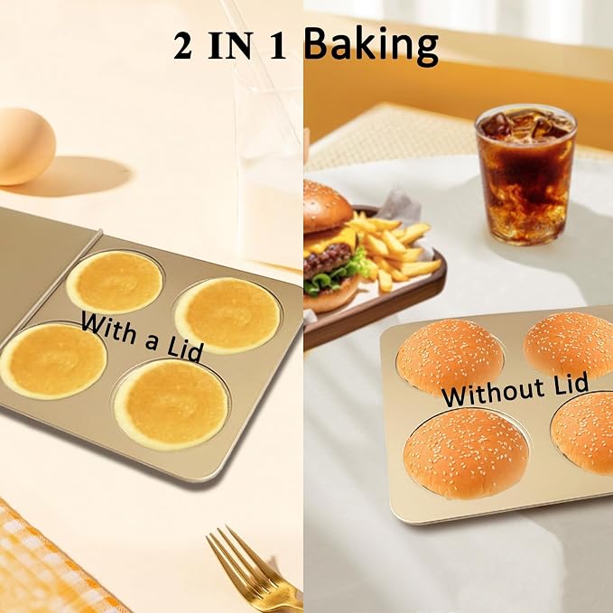 6-Cup English Muffin Pan with Sliding Lid, 3.35" Cavities Nonstick Carbon Steel Baking Pan for Homemade English Muffins, 2-in-1 Breakfast Sandwiches, Hamburger Buns and Mini Quiches