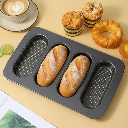 2 Pcs Hot Dog Bun Pan, 4 Cavity Perforated Carbon Steel Bread Loaf Pan, Nonstick & Heat Resistant for Homemade Buns, Mini Baguettes & Sandwich Baking, Bun Rolls, Dishwasher Safe (PFOA-FREE)