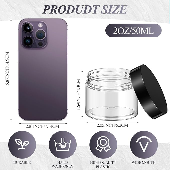 SATINIOR 24 Pieces Empty Clear Plastic Jars with Lids Round Storage Containers Wide-Mouth for Beauty Product Cosmetic Cream Lotion Liquid Butter Craft and Food (Black Lid, 2 oz)