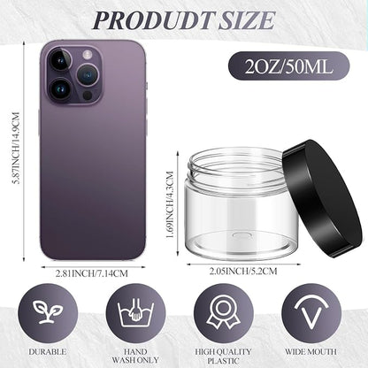 SATINIOR 24 Pieces Empty Clear Plastic Jars with Lids Round Storage Containers Wide-Mouth for Beauty Product Cosmetic Cream Lotion Liquid Butter Craft and Food (Black Lid, 2 oz)