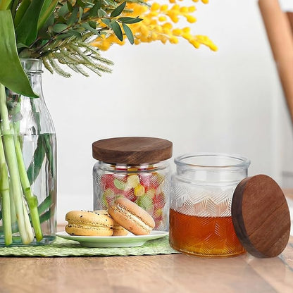Suclain 6 Pcs 17 OZ Vintage Glass Jar with Acacia Wood Lids Airtight Glass Storage Canisters Kitchen Spice Jars Food Storage Containers for Pantry Coffee Grains Tea Sugar Flour(Fan-shaped)