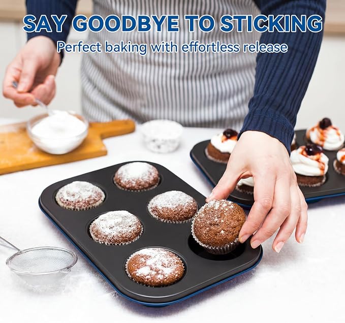 Wildone 13-Piece Baking Pans Set Nonstick - Stackable Bakeware Sets Including Cookie Sheets for Baking, Rack, Muffin Pan, Cake pan, Loaf Pan, Roasting Pan, Heavy Duty & Easy Clean, Blue