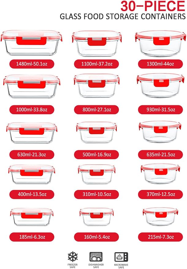M MCIRCO 30 Pieces Glass Food Storage Containers with Upgraded Snap Locking Lids,Glass Meal Prep Containers Set - Airtight Lunch Containers, Microwave, Oven, Freezer and Dishwasher Friendly, Red