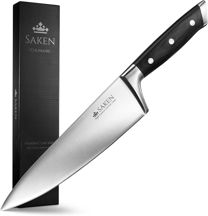Saken 8-Inch Chef’s Knife - High-Carbon German Steel Chef Knife with Ergonomic Wooden Handles - Professional Multipurpose Kitchen Knife for Slicing, Chopping, Mincing, Deboning, And More