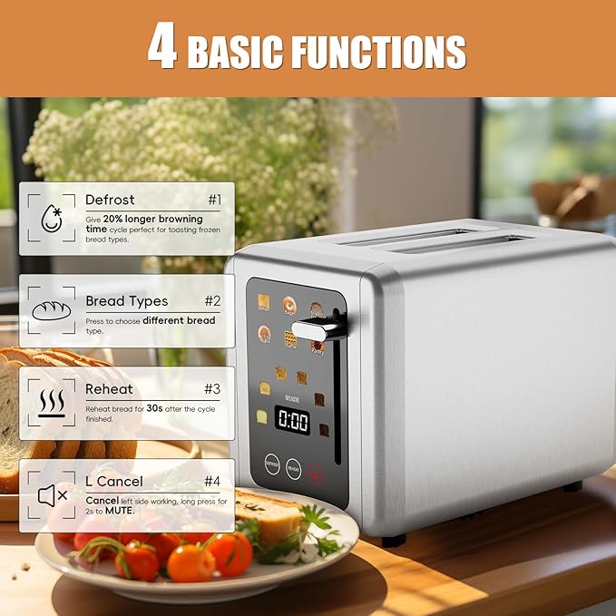 WUNLY Smart Digital 2 Slice Toaster with Touch Screen,1.5'' Extra Wide Slots for Bagel, Digital Countdown & Sound Control, 6 Bread Types & 6 Shade Settings, Defrost/Reheat/Standby,Titanium