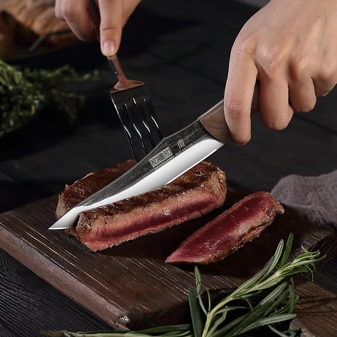 HOSHANHO Steak Knives Set of 6, Ultra Sharp 4.5 Inch Non Serrated Steak Knife Set, Hand Forged High Carbon Steel Dinner Steak Knives with Full Tang Wood Handle
