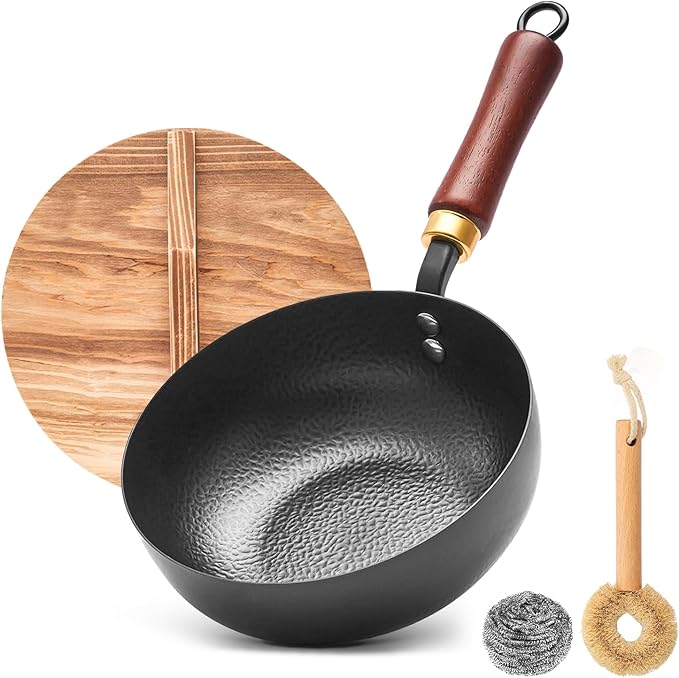 WANGYUANJI 8 Inch Carbon Steel Wok Pan with Lid, Small Hammered Flat Bottom Wok for 1–2 Servings, Removable Beechwood Handle, Coating-Free Stir Fry Pan for Gas, Electric & Induction Cooktops