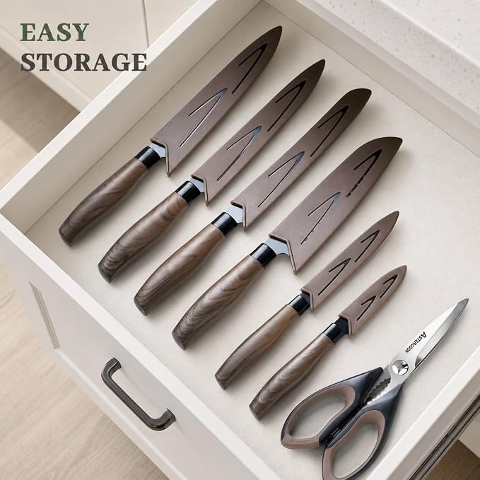 Astercook Knife Set, 13-Piece Kitchen Knives Set with 6 Blade Guards, Black Anti-Rust & Non-Stick Coating, Dishwasher Safe Stainless Steel Knives, Ergonomic Handle, Perfect for Holiday Gifts
