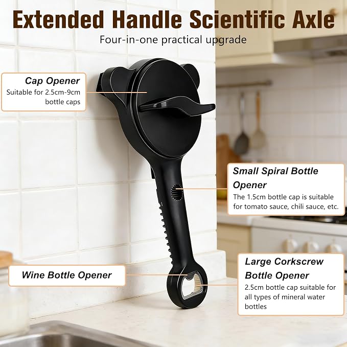 Multi-Functional Retractable Jar & Bottle Opener, Magnetic Stainless Steel Can Opener with Ergonomic Handle, Friendly Kitchen Gadget (black)